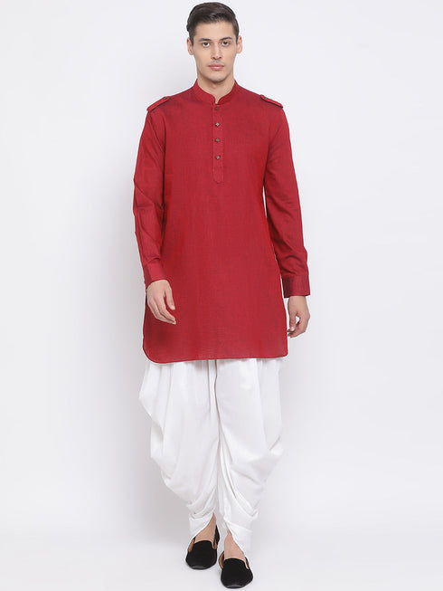 Vastramay Men's Maroon Cotton Blend Kurta and White Dhoti Set
